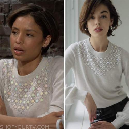 the young and the restless, beige embellished sweater, brytni sarpy, elena dawson