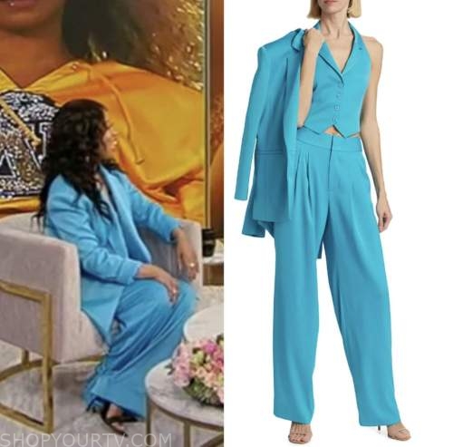 dominique fishback, tamron hall show, blue vest, blazer, and pant suit