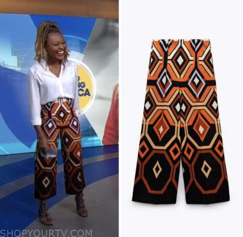 janai norman, good morning america, orange geometric culottes pants