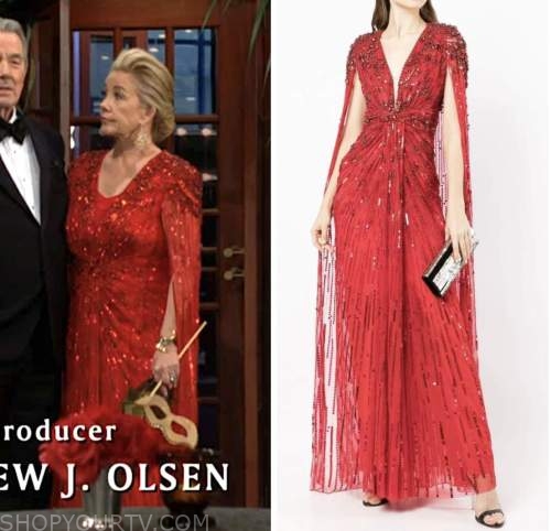 the young and the restless, nikki newman, melody thomas scott, red sequin cape dress gown