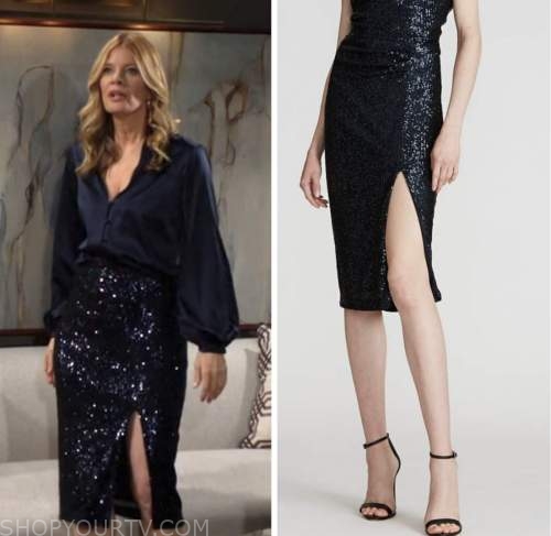 the young and the restless, michelle stafford, phyllis newman, navy blue sequin pencil skirt