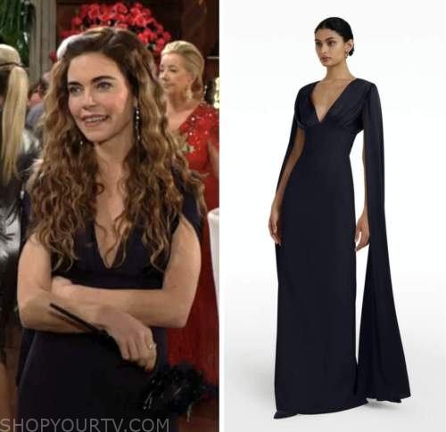 the young and the restless, victoria newman, amelia heinle, navy blue cape gown dress