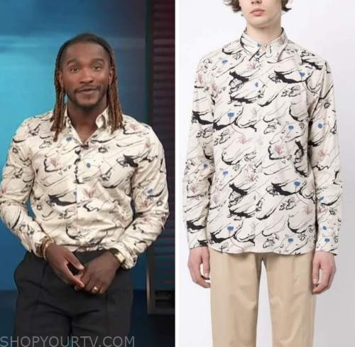 access hollywood, ivory printed shirt, scott evans
