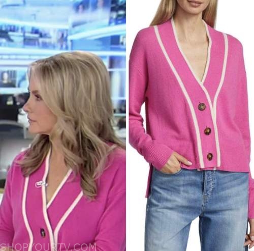 america's newsroom, dana perino, pink contrast trim cardigan sweater