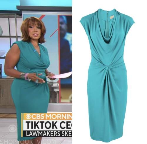 CBS Mornings: March 2023 Gayle King's Teal Blue Cowl Neck Drape Dress ...