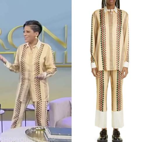tamron hall, tamron hall show, ivory satin printed shirt and pants set
