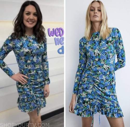 laura tobin, blue floral ruched mini dress, good morning britain