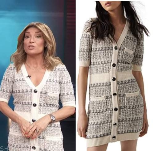 access hollywood, kit hoover, ivory striped knit button front dress