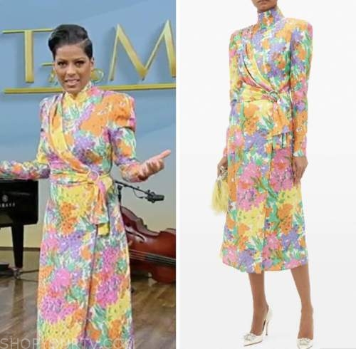 tamron hall, tamron hall show, pastel floral mock neck drape dress