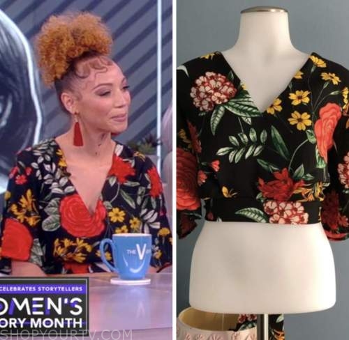 the view, justina miles, black floral wrap crop top