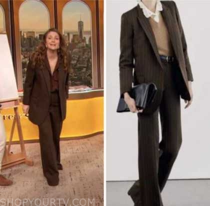 drew barrymore, drew barrymore show, brown pinstripe blazer and pant suit