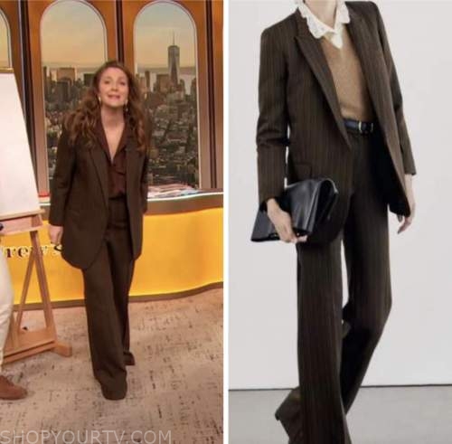 drew barrymore, drew barrymore show, brown pinstripe blazer and pant suit