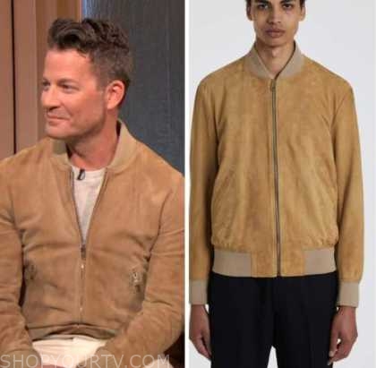 nate berkus, drew barrymore show, tan suede bomber jacket