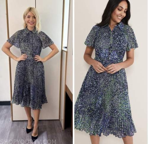 holly willoughby, this morning, blue printed pleated shirt dress
