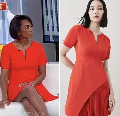 harris faulkner, red pleated dress, outnumbered, fox news fashion
