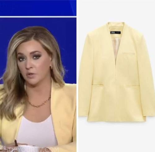 the five, fox news fashion, katie pavlich, yellow collarless blazer