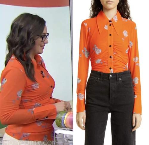 the today show, savannah sellers, orange floral ruched shirt