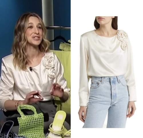 access hollywood, beige satin rosette top, andrea lavinthal