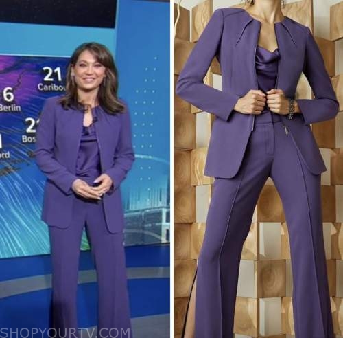 good morning america, purple jacket, top, and pant suit, ginger zee