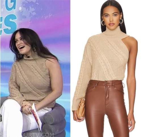 the today show, hoda and jenna, donna farizan, tan beige cable knit asymmetric knit top