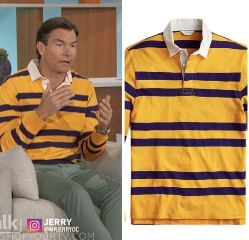 the talk, jerry o'connell, yellow striped rugby polo shirt