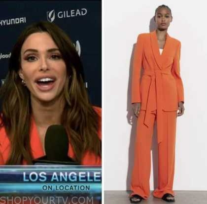 jennifer lahmers, extra, orange blazer and pant suit