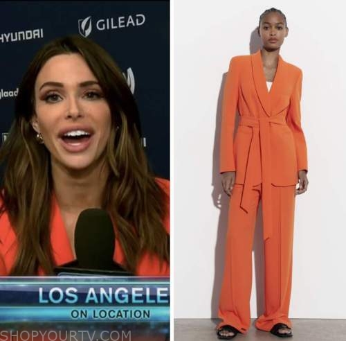jennifer lahmers, extra, orange blazer and pant suit