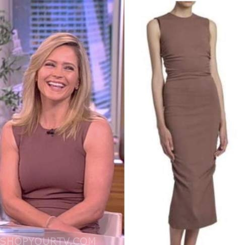 sara haines, the view, brown ruched midi dress
