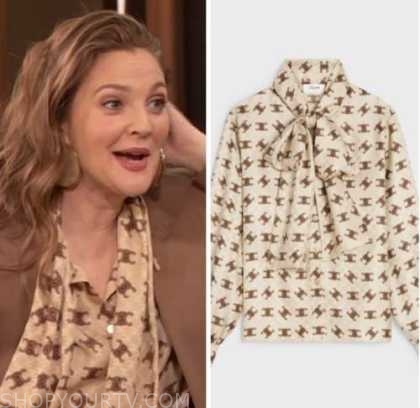 drew barrymore show, drew barrymore, ivory tie neck printed blouse