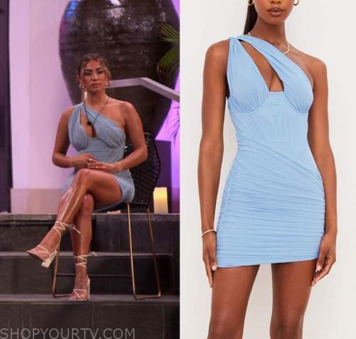 Oh Polly Darany Plunge Hoop Detail Cut Out Mini Dress in Aqua worn by Chloe  Veitch as seen in Perfect Match (S01E07)