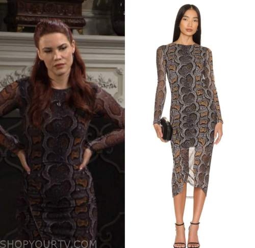 sally spectra, courtney hope, the young and the restless, mesh snake print dress