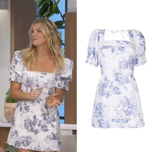 The Talk: April 2023 Amanda Kloots's White and Blue Floral Print Mini ...