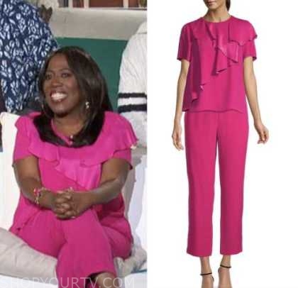 The Talk: April 2023 Sheryl Underwood's Pink Ruffle Tiered Top and Pink ...