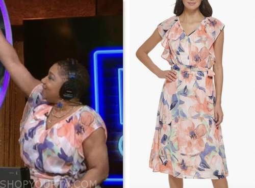 deja vu, live with kelly and ryan, peach pink floral ruffle dress