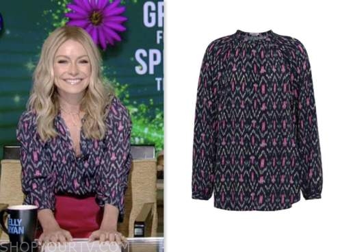 kelly ripa, live with kelly and ryan, blue and pink geometric print blouse