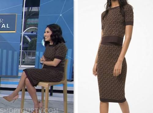 the today show, vicky nguyen, brown logo knit top and skirt dress