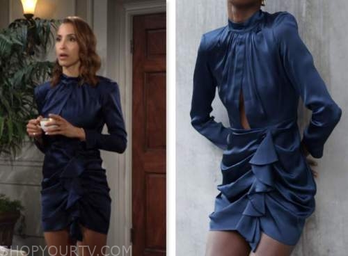 lily winters, christel khalil, navy blue satin long sleeve mini dress, the young and the restless