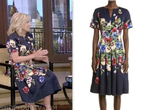 dr. jill biden, live with kelly and ryan, navy blue floral jacquard dress