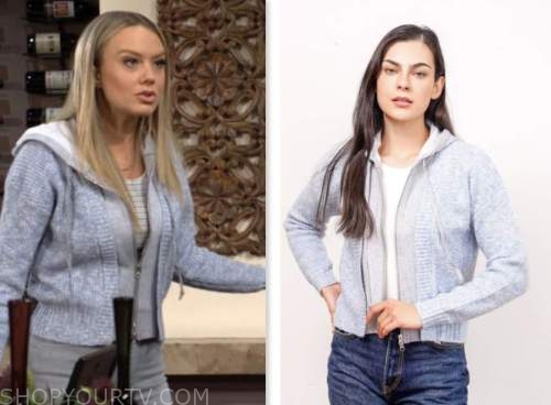 the young and the restless, abby newman, melissa ordway, blue hoodie cardigan sweater