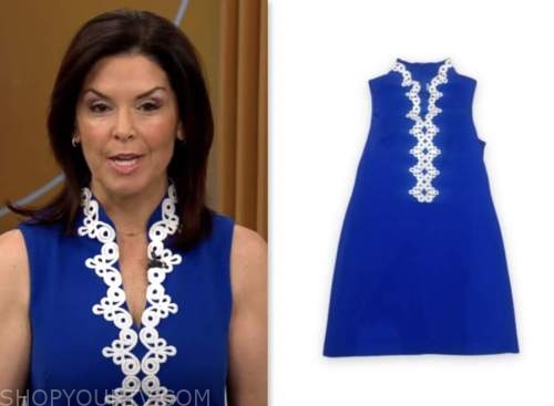 meg oliver, cbs mornings, blue and white embroidered shift dress