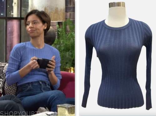 elena dawson, brytni sarpy, the young and the restless, blue ribbed knit sweater top