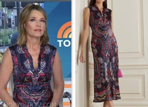 the today show, savannah guthrie, purple and pink printed dress