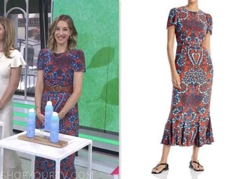the today show, hoda and jenna, andrea lavinthal, red and blue printed midi dress