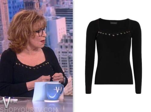 joy behar, the view, black grommet trim sweater top