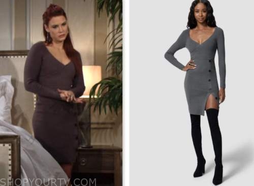 sally spectra, courtney hope, the young and the restless, grey buttoned dress