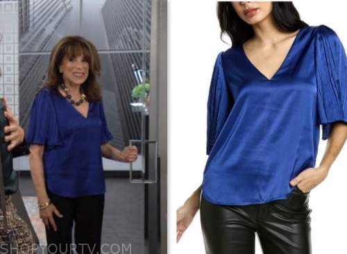 esther valentine, kate linder, the young and the restless, blue satin pleated sleeve top