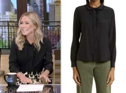 Live with Kelly and Mark: April 2023 Kelly Ripa's Black Tie Neck Silk ...