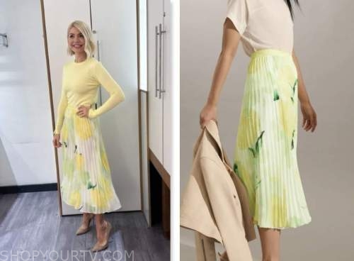 holly willoughby, this morning, yellow pleated midi skirt