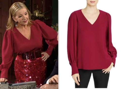 nikki newman, melody thomas scott, pink v-neck blouse, the young and the restless