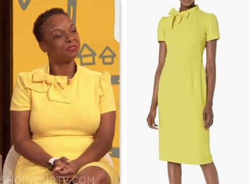 Delana Wardlaw, drew barrymore show, yellow bow sheath dress